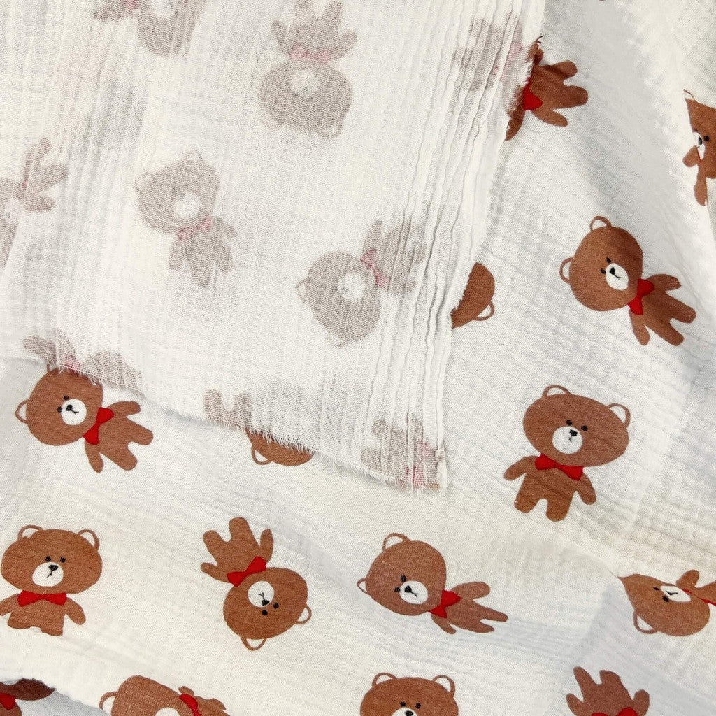 Double Gaze De Coton Imprimé | Ourson Brun | Laize 135cm