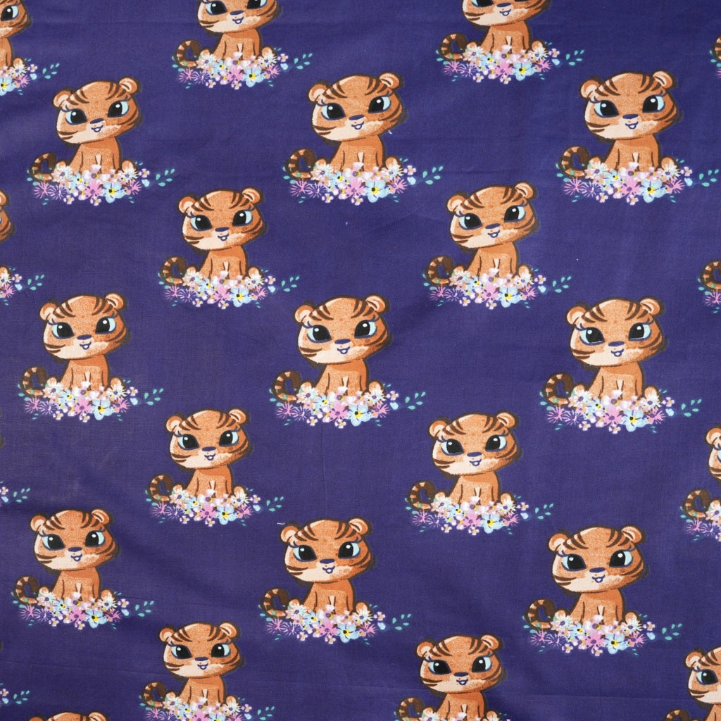 Coton Animaux Tigres Fleurs Fond Bleu Navy | 1m x 1m60