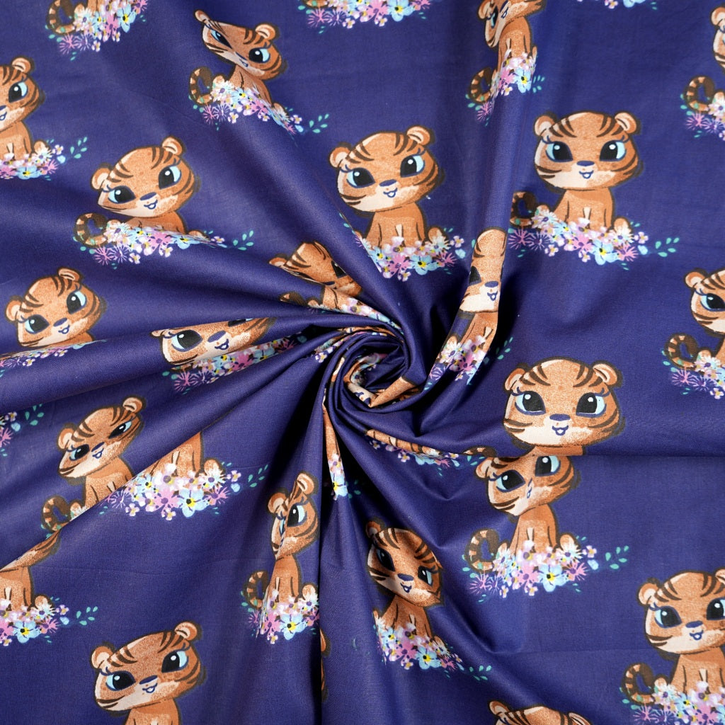 Coton Animaux Tigres Fleurs Fond Bleu Navy | 1m x 1m60