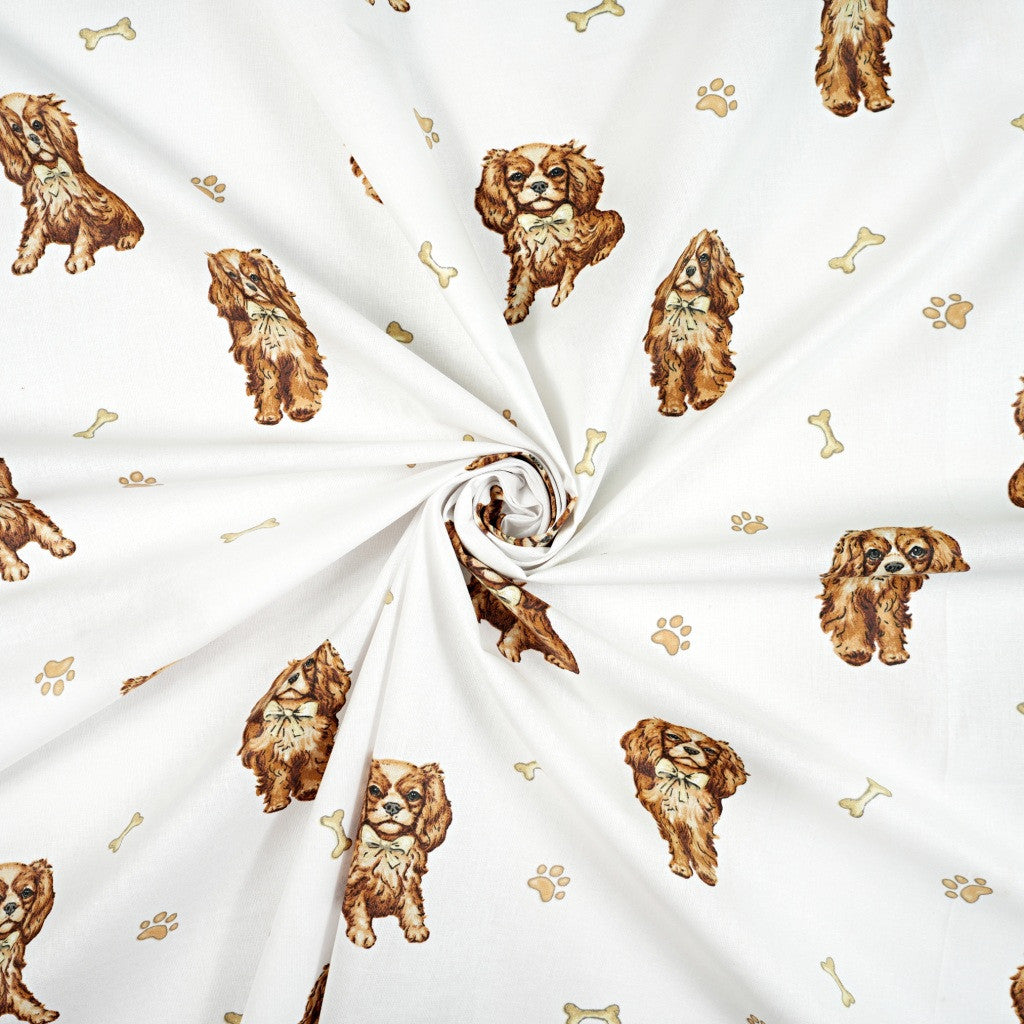 Tissu Coton Chien Spaniel Fond Blanc | Laize 1m55