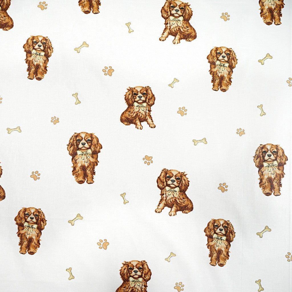 Tissu Coton Chien Spaniel Fond Blanc | Laize 1m55