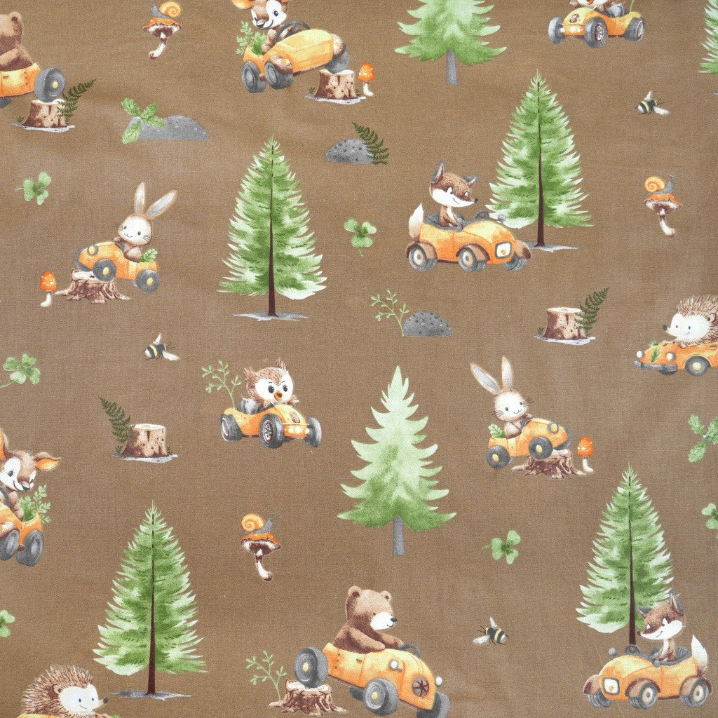 Tissu Coton Course Dans la Forêt Fond Brun | Laize 1m55