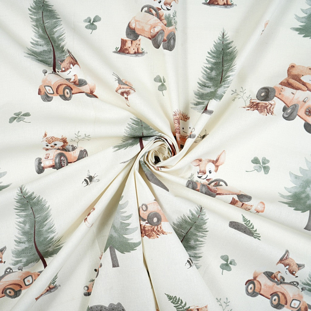 Tissu Coton Course Dans la Forêt Fond Ecru | Laize 1m55
