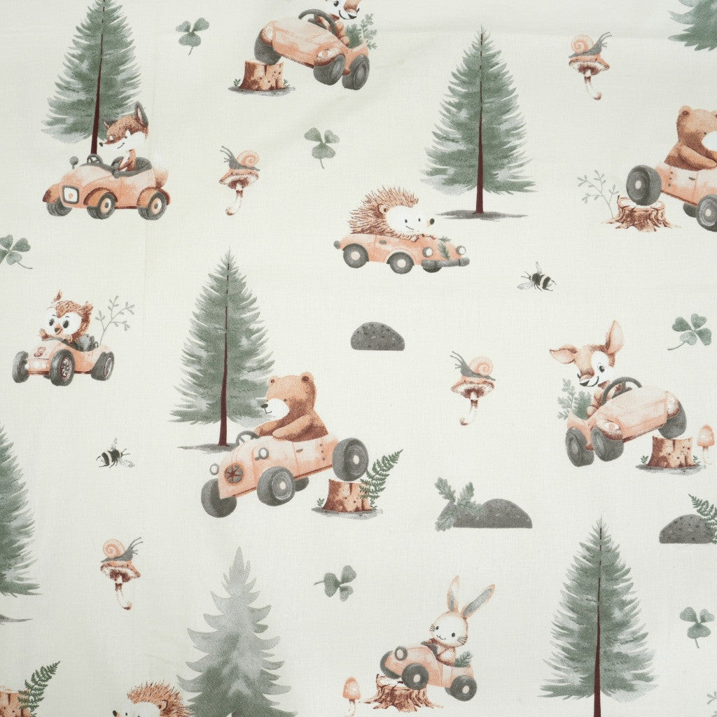 Tissu Coton Course Dans la Forêt Fond Ecru | Laize 1m55