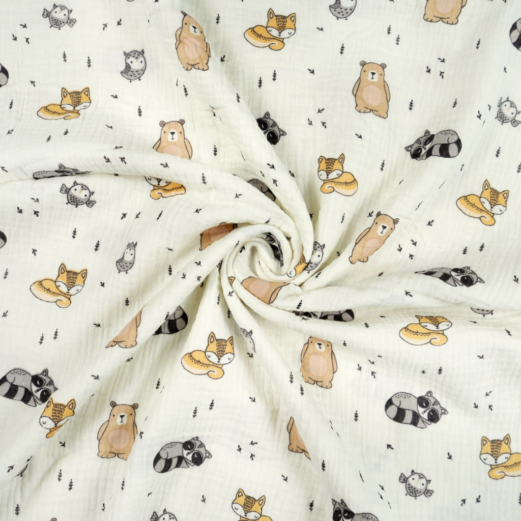Double Gaze De Coton Imprimé | Raton Renard Ourson Fond Ecru | Laize 135cm
