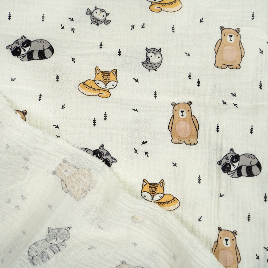 Double Gaze De Coton Imprimé | Raton Renard Ourson Fond Ecru | Laize 135cm