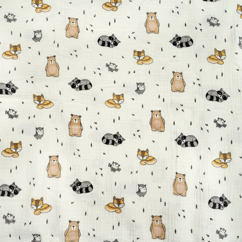 Double Gaze De Coton Imprimé | Raton Renard Ourson Fond Ecru | Laize 135cm