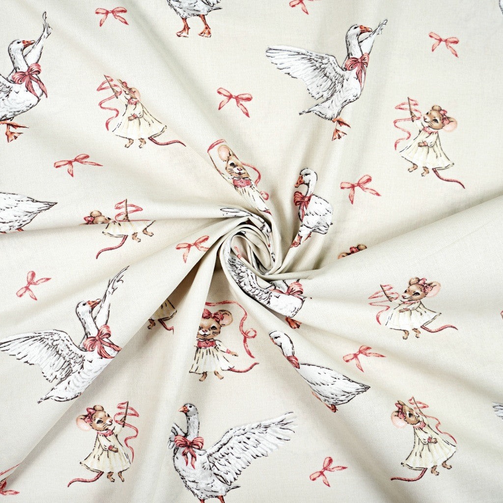 Tissu Coton Oie et Souris Fond Beige | Laize 1m55