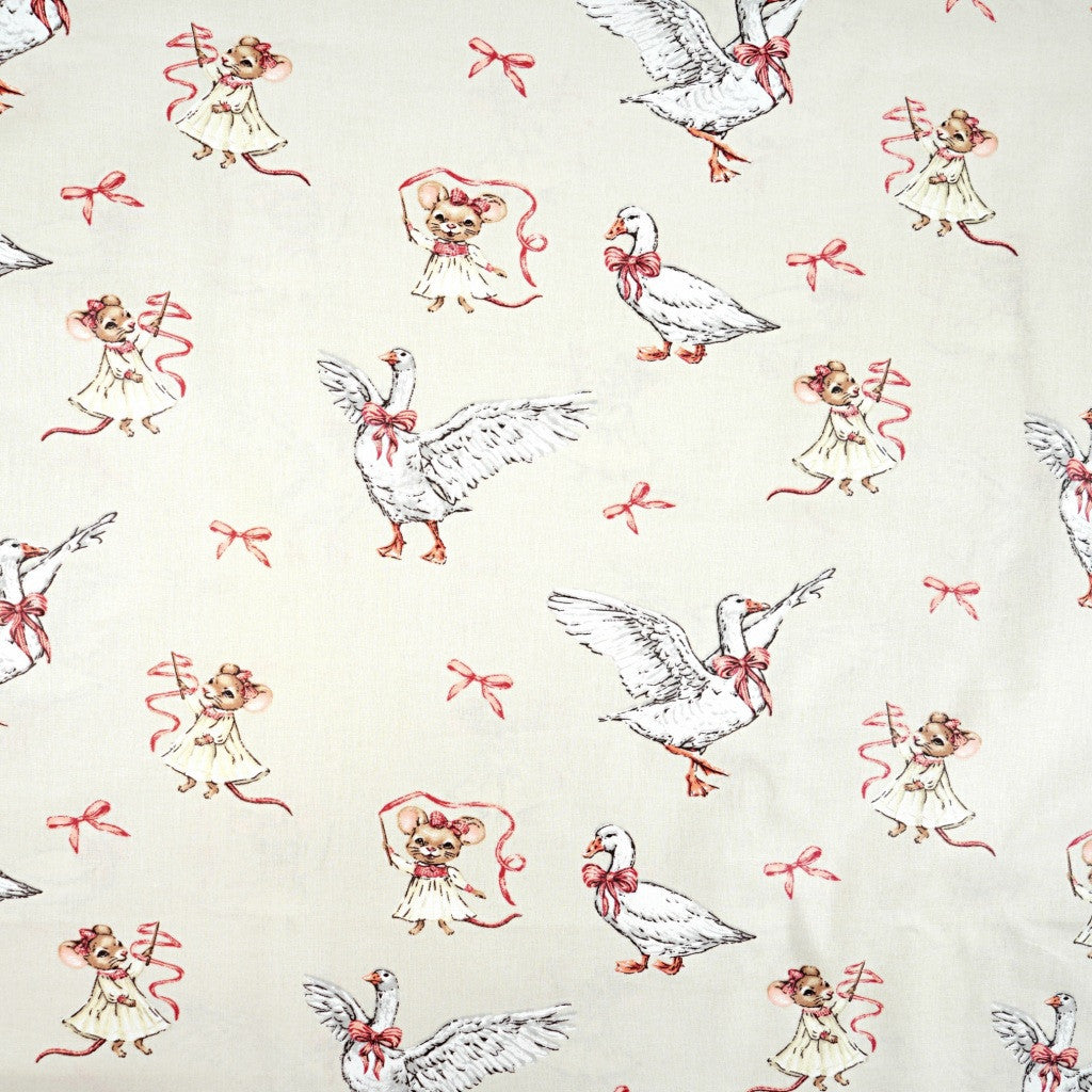 Tissu Coton Oie et Souris Fond Beige | Laize 1m55