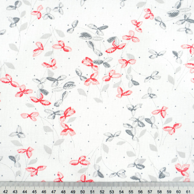 Tissu Coton Feuilles de Lierres Gris Rouge Fond Blanc | Laize 1m55