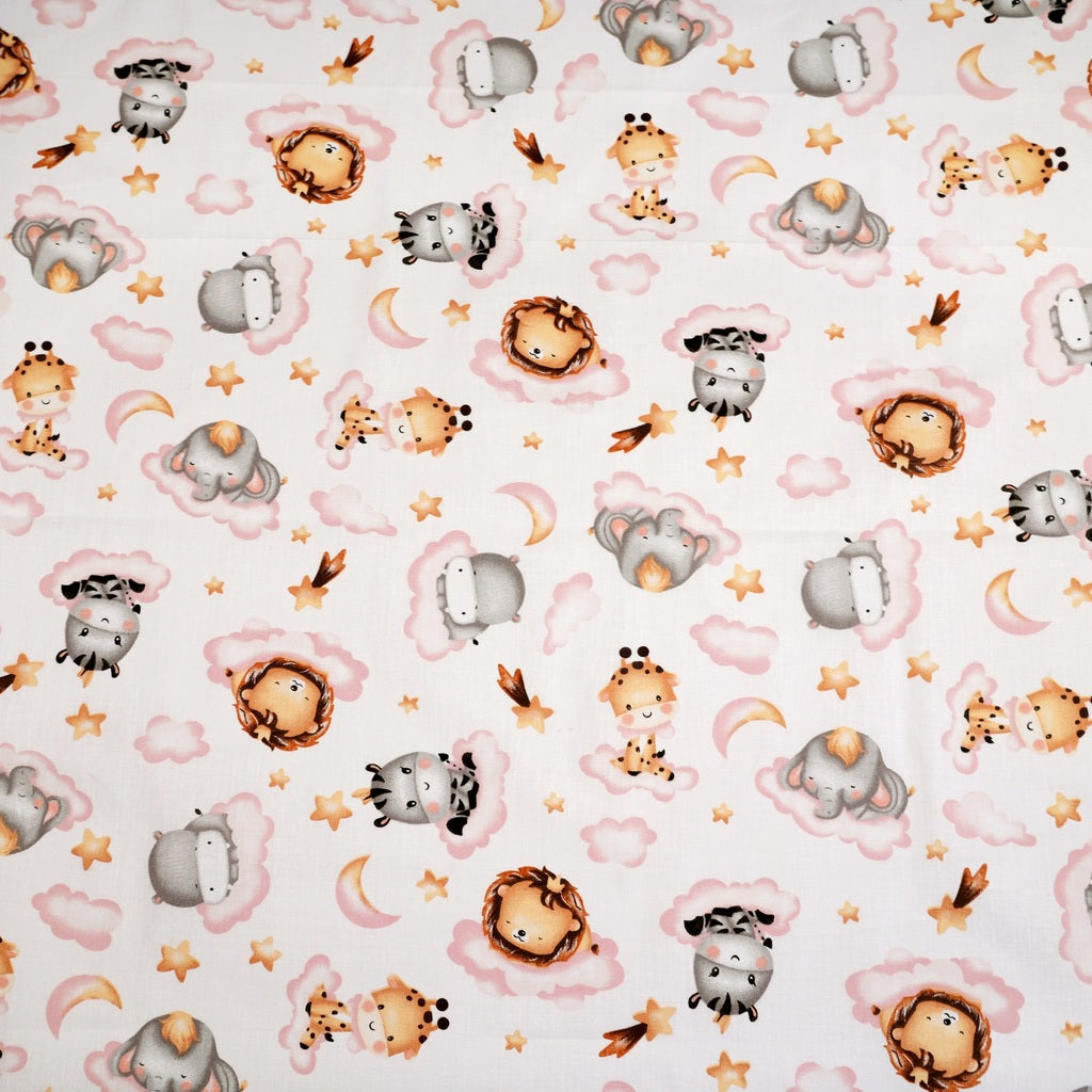 Coton Animaux Africains Nuages Roses Fond Blanc | Laize 1m55