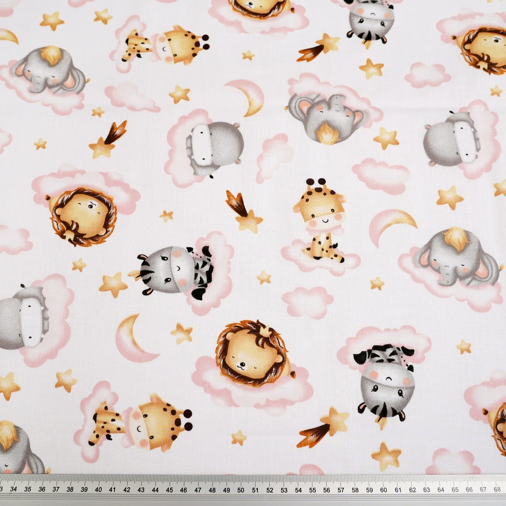 Coton Animaux Africains Nuages Roses Fond Blanc | Laize 1m55