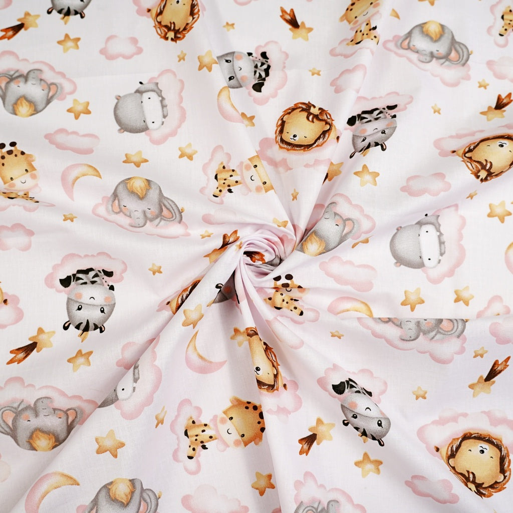 Coton Animaux Africains Nuages Roses Fond Blanc | Laize 1m55