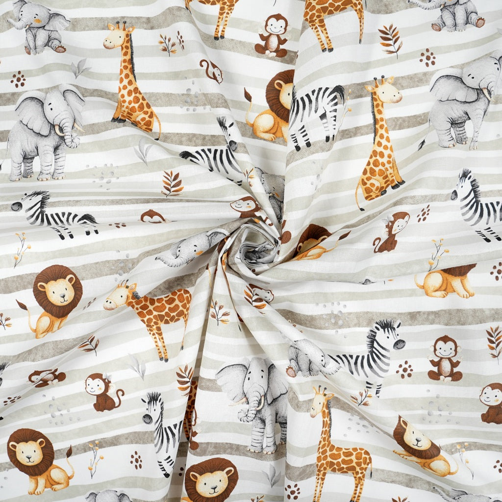 Tissu Coton Animaux Savane Lignes Grises | Laize 1m55