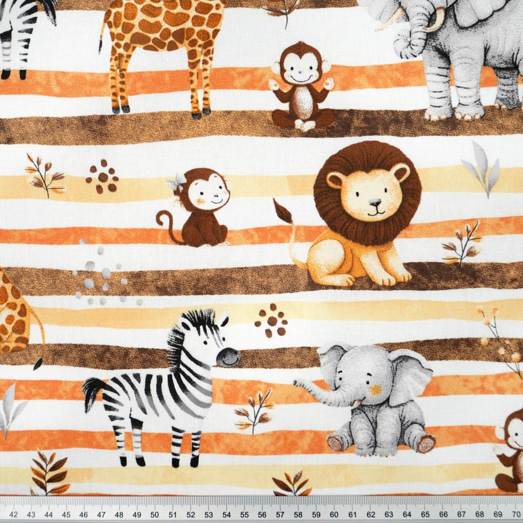 Tissu Coton Animaux Savane Lignes Oranges | Laize 1m55