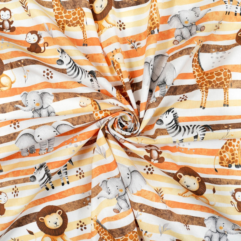 Tissu Coton Animaux Savane Lignes Oranges | Laize 1m55