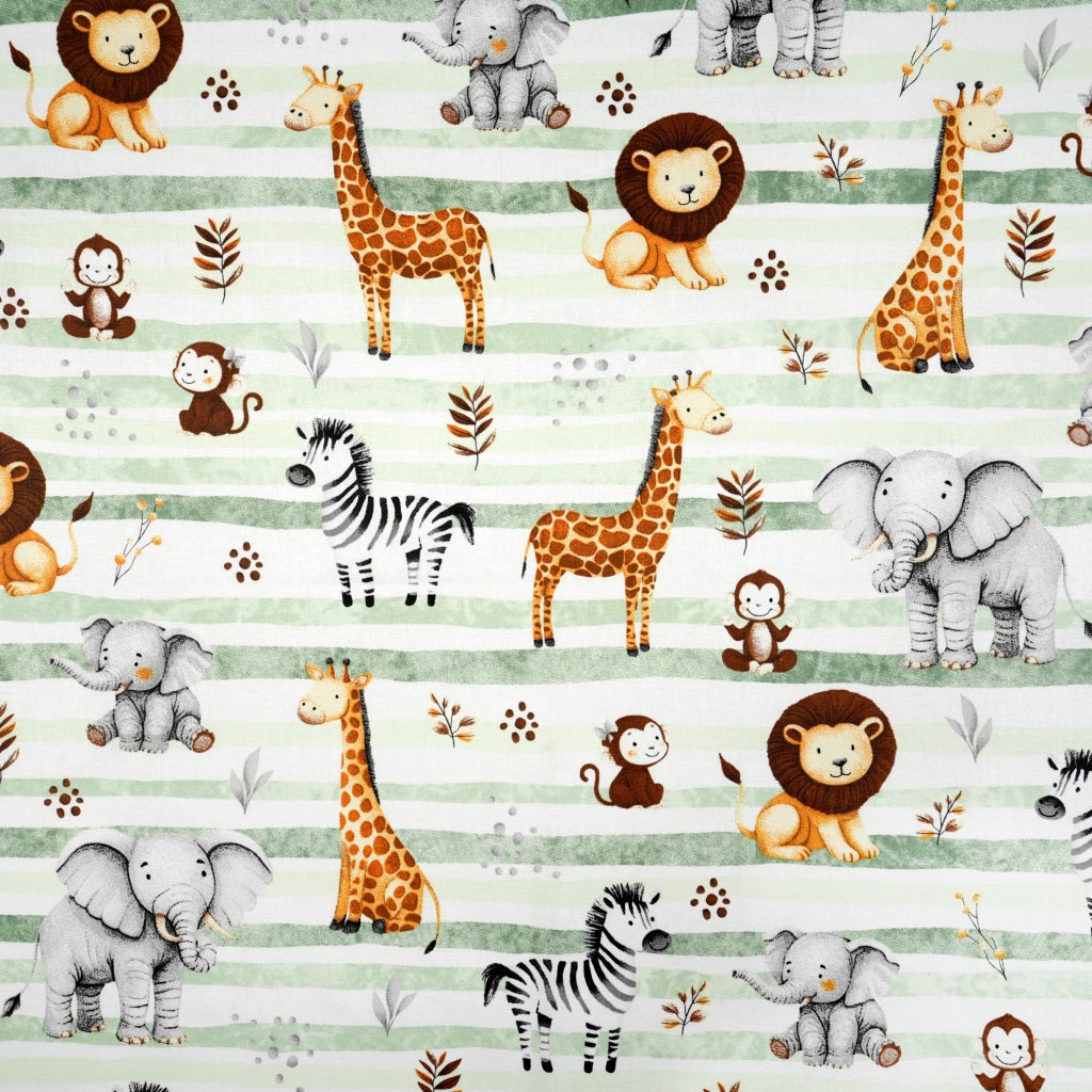 Tissu Coton Animaux Savane Lignes Vertes | Laize 1m55