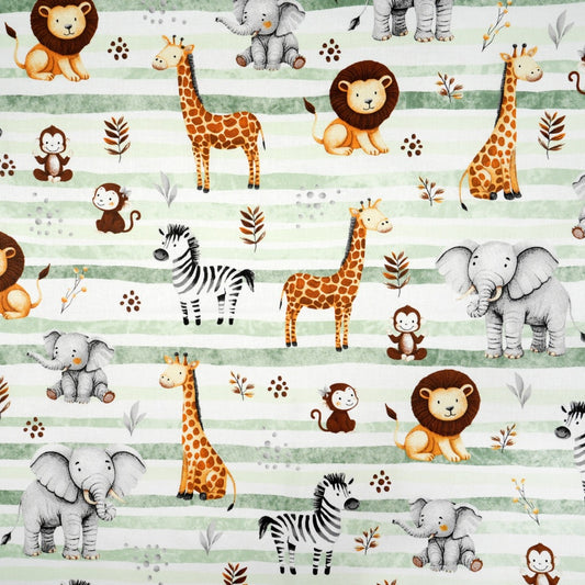 Tissu Coton Animaux Savane Lignes Vertes | Laize 1m55