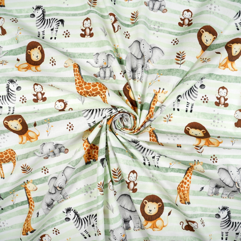 Tissu Coton Animaux Savane Lignes Vertes | Laize 1m55