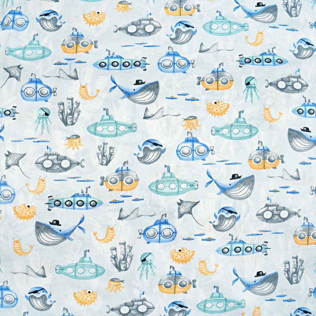 Baleines et sous-marin fond bleu clair | 1m x 1m55