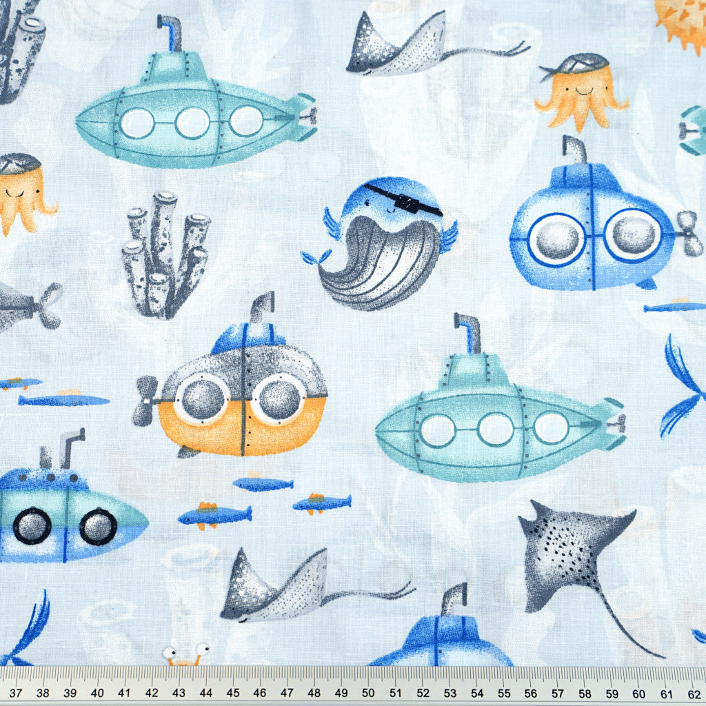 Baleines et sous-marin fond bleu clair | 1m x 1m55