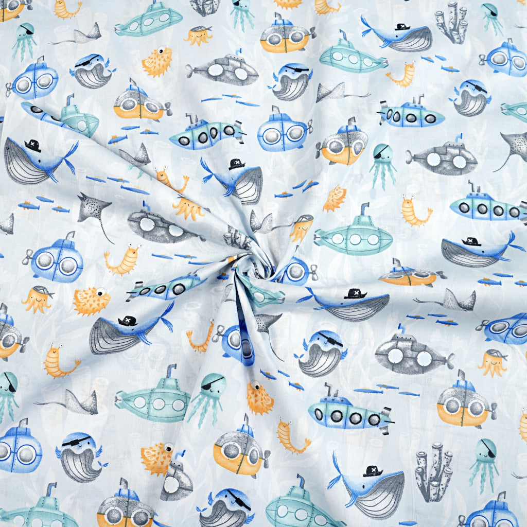 Baleines et sous-marin fond bleu clair | 1m x 1m55