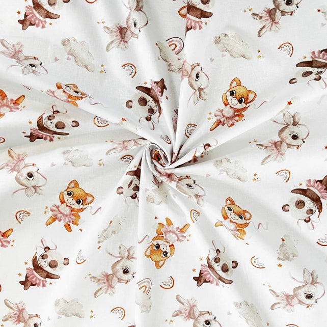 Tissu Coton Animaux Ballerines Fond Blanc | Laize 1m50