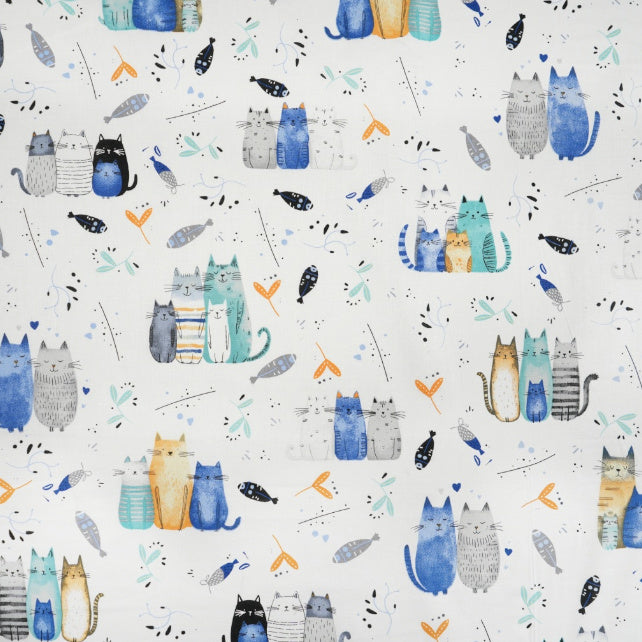 Tissu Coton Chats Turquoise Bleu Fond Blanc | Laize 1m60