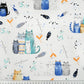 Tissu Coton Chats Turquoise Bleu Fond Blanc | Laize 1m60