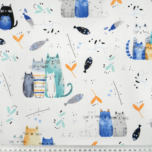 Tissu Coton Chats Turquoise Bleu Fond Blanc | Laize 1m60