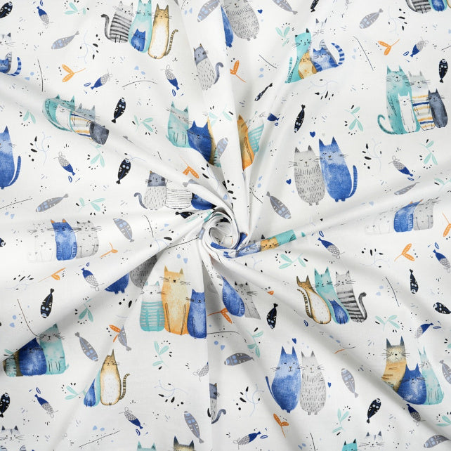 Tissu Coton Chats Turquoise Bleu Fond Blanc | Laize 1m60
