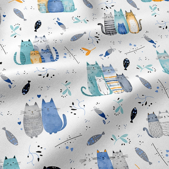 Tissu Coton Chats Turquoise Bleu Fond Blanc | Laize 1m60