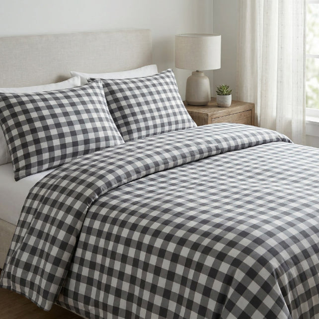 Tissu Coton Géométrique Carrés Buffalo Gris | Laize 2m20