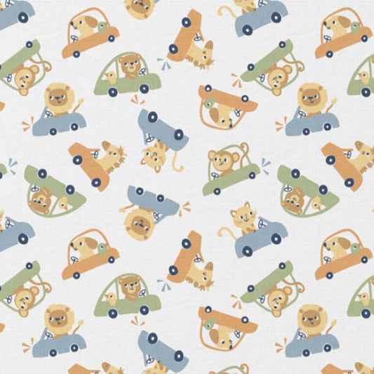 Tissu Coton Animaux Voiture Vroom Fond Blanc | Laize 1m50