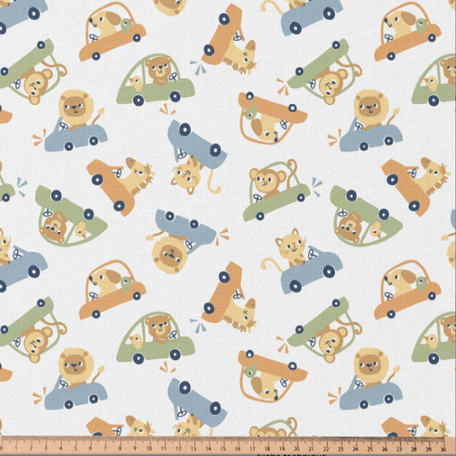 Tissu Coton Animaux Voiture Vroom Fond Blanc | Laize 1m50