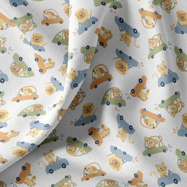 Tissu Coton Animaux Voiture Vroom Fond Blanc | Laize 1m50