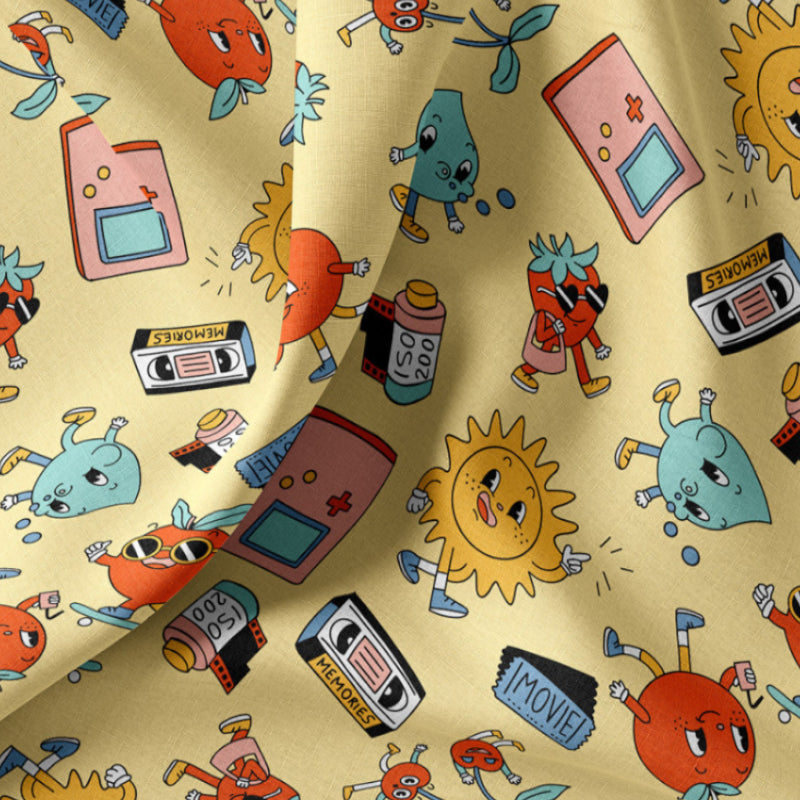 Coton personnages D'Arcade Fond Jaune | 1m x 1m50