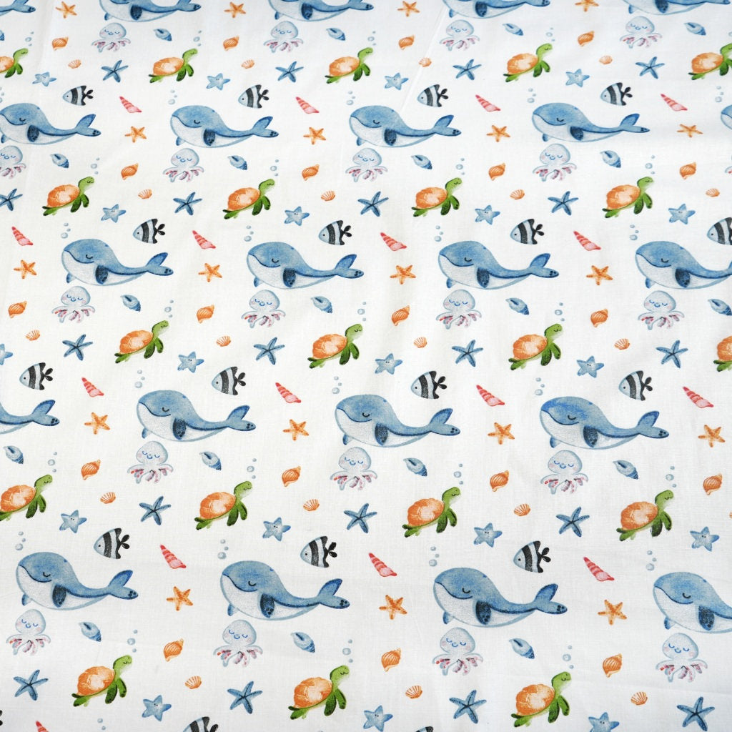 Tissu Coton Baleines Tortue Pieuvre Fond Blanc | Laize 1m55