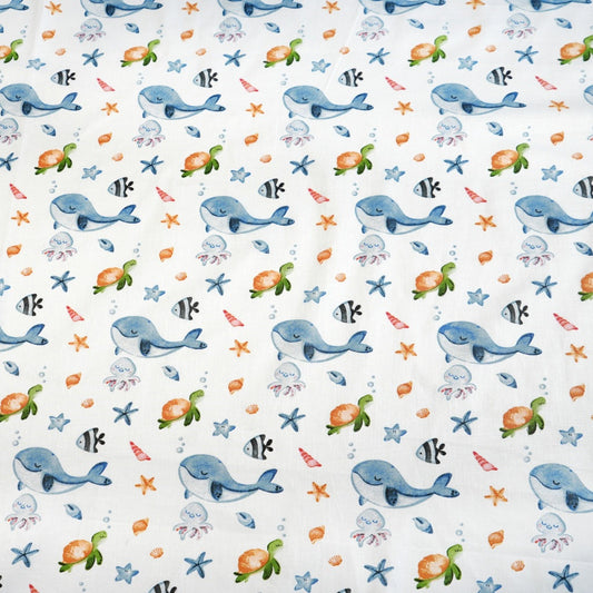 Tissu Coton Baleines Tortue Pieuvre Fond Blanc | Laize 1m55