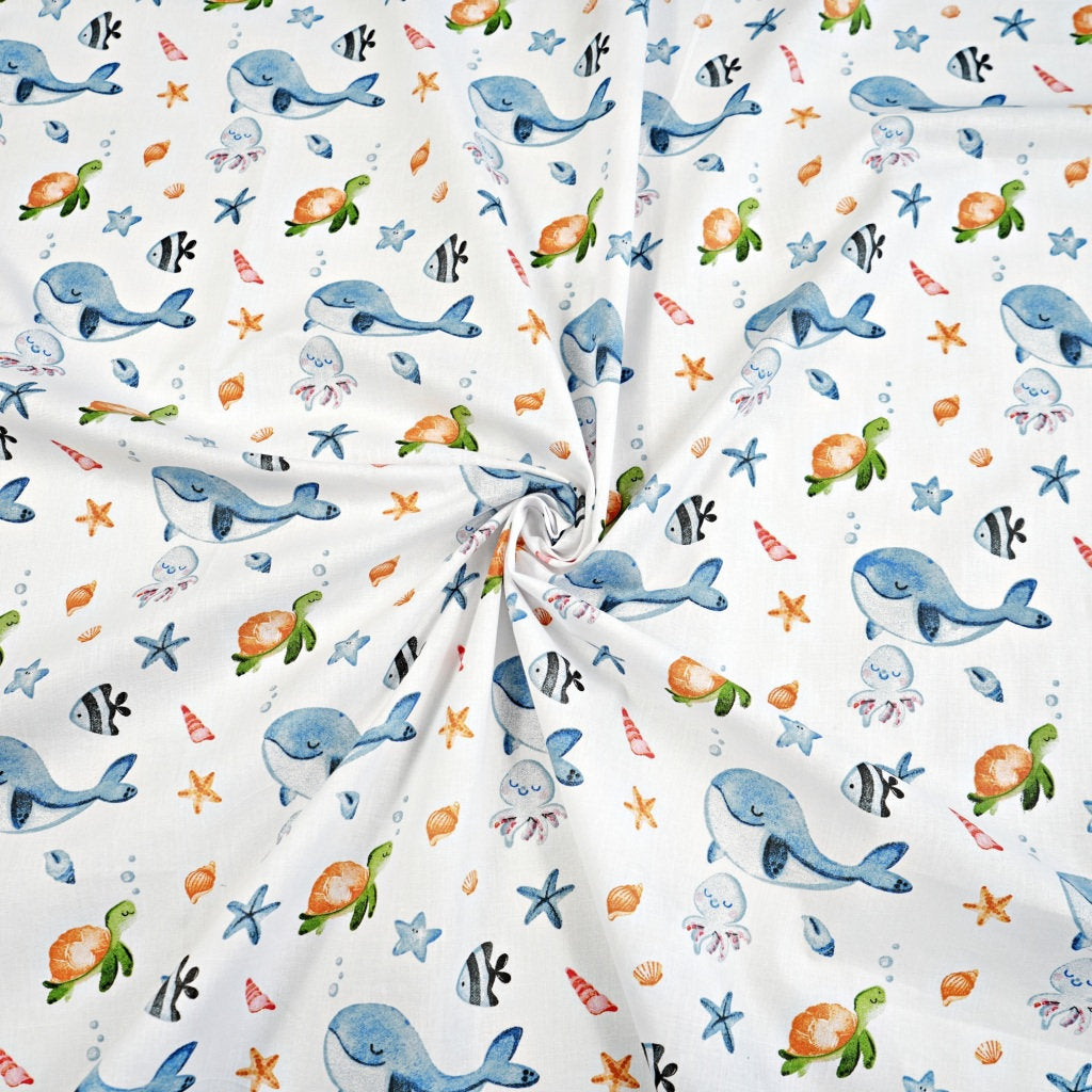Tissu Coton Baleines Tortue Pieuvre Fond Blanc | Laize 1m55