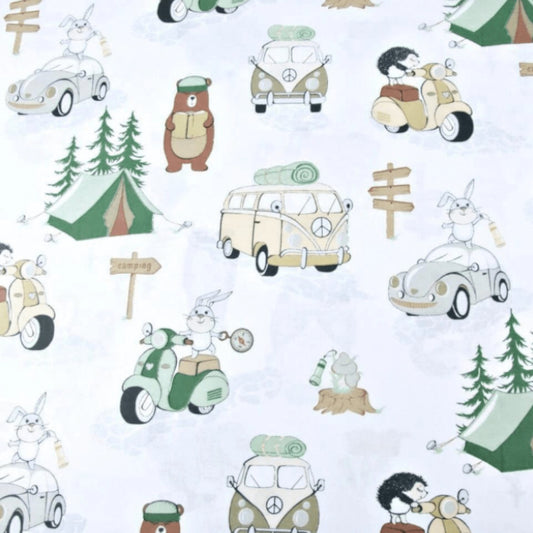 Tissu Coton camping Animaux Fond Blanc | Laize 1m55