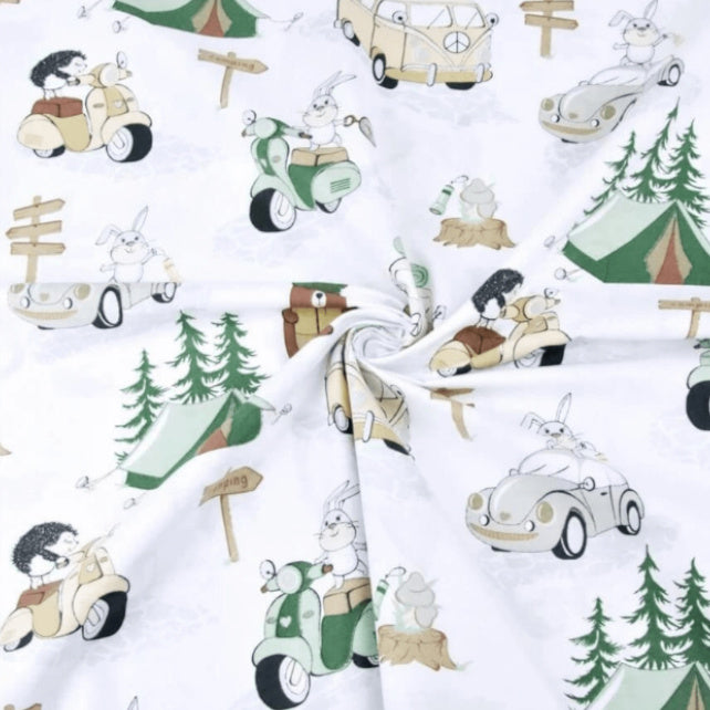 Tissu Coton camping Animaux Fond Blanc | Laize 1m55