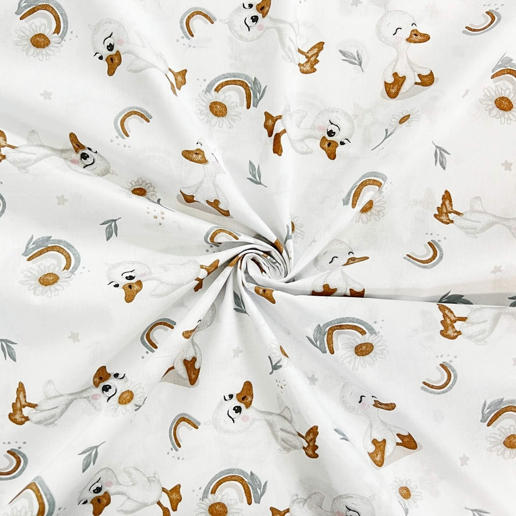 Tissu Coton Canards Camomille Fond Blanc | Laize 1m55