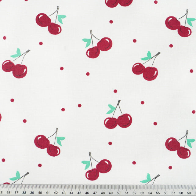 Tissu Coton Grandes Cerises Fond Blanc | Laize 1m60