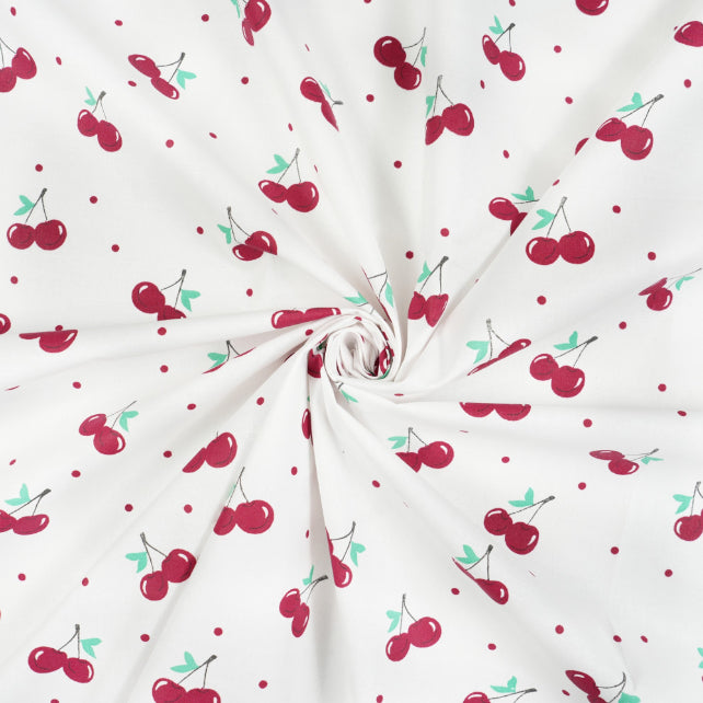 Tissu Coton Grandes Cerises Fond Blanc | Laize 1m60