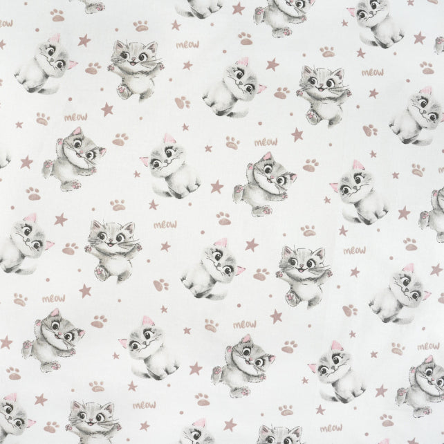 Tissu Coton Chats Meow Gris Fond Blanc | Laize 1m60