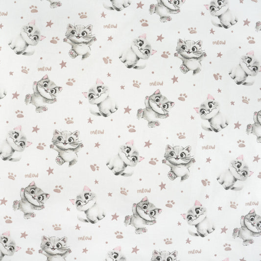 Tissu Coton Chats Meow Gris Fond Blanc | Laize 1m60