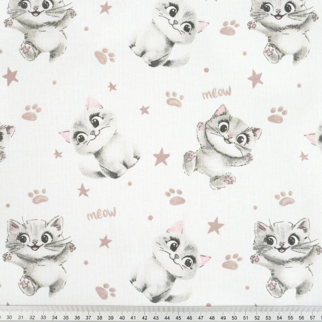 Tissu Coton Chats Meow Gris Fond Blanc | Laize 1m60