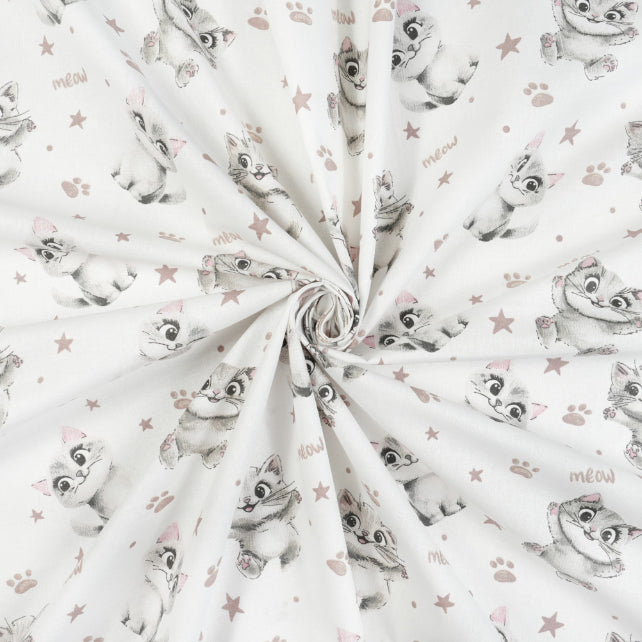 Tissu Coton Chats Meow Gris Fond Blanc | Laize 1m60