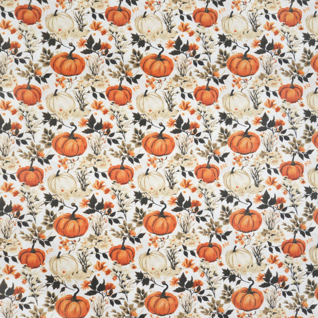 Tissu Coton Citrouilles et Fleurs d'Automne Fond Blanc | Laize 1m55